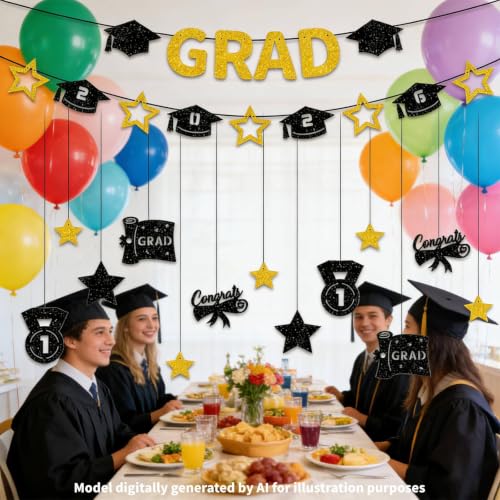 Class of 2026 Graduation Banner Set - Black & Gold Glitter Decor
