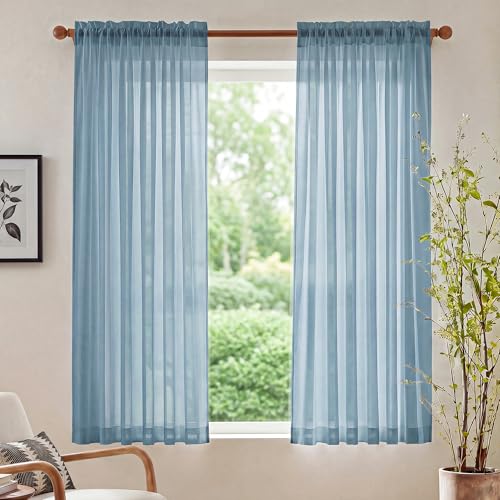 NICETOWN Stone Blue Sheer Curtains for Kids Room 2 Panels W42xL63 - Modern Window Treatment