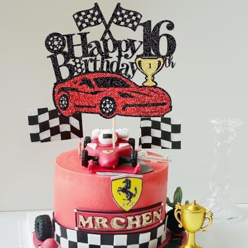 Racing Car 16th Birthday Cake Topper - Checkered Flag Theme