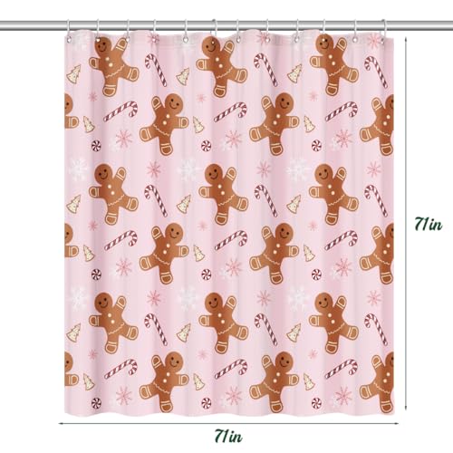 Pink Gingerbread Man Christmas Shower Curtain Set with Hooks