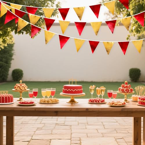 Red Gold Party Decorations Metallic Fabric Triangle Pennant Banner - 32ft, Reusable