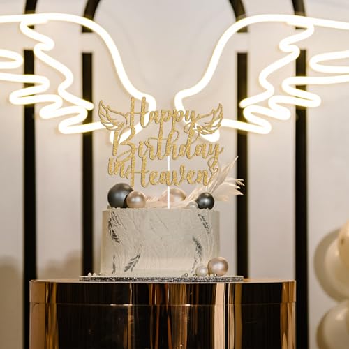 Happy Birthday in Heaven Cake Topper - Gold Glitter Memorial Decoration