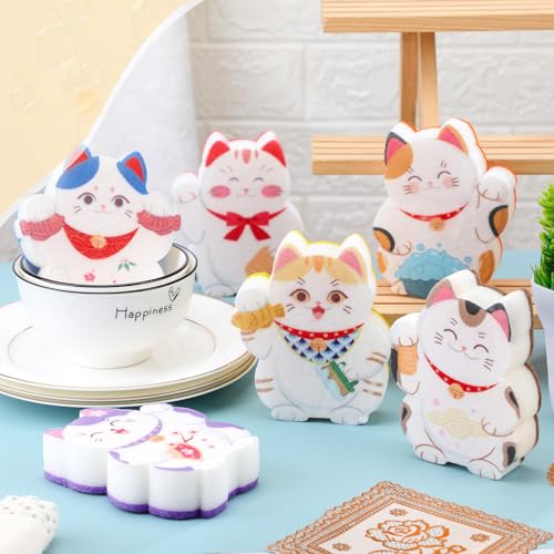 Sunnychicc Lucky Cat Kitchen Sponges - 6 Piece Non-Scratch Scrub Set
