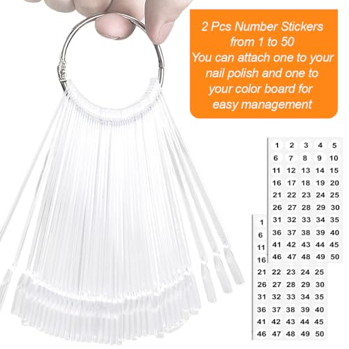 JASSINS 50Pcs Clear Nail Swatch Sticks and Polish Display Tips with Ring