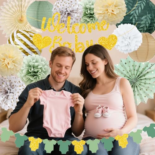 Sage Green Baby Shower Decorations Kit - Banner, Lanterns & Pom Poms