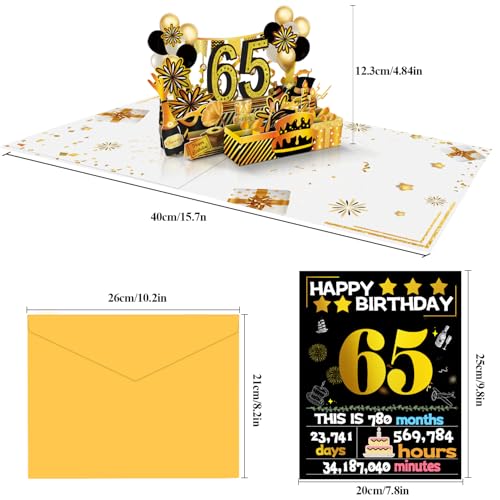 65th Birthday Pop Up Card - 1961 Retro Gold Greeting Card for Men and Women