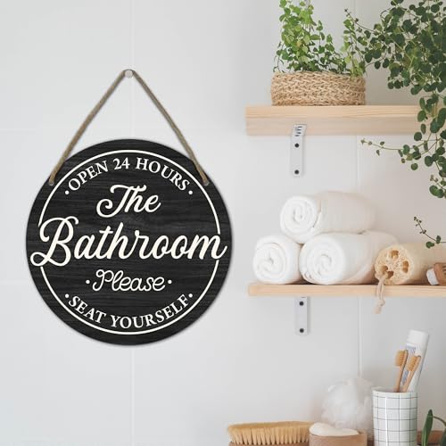 Rustic Round Wooden Bathroom Sign - Open 24 Hours, Black