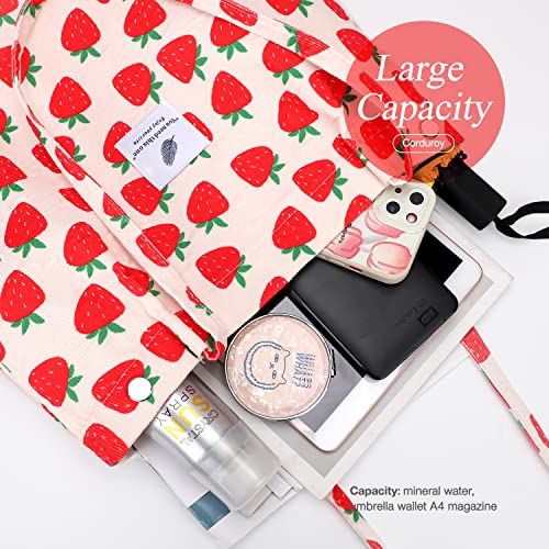 Large Strawberry Corduroy Tote Bag for Women - Reusable Grocery Shoulder Purse with Pockets