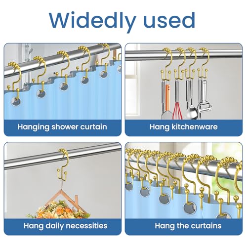Gold Double-Sided Shower Curtain Hooks with Roller Balls - 12 Pack