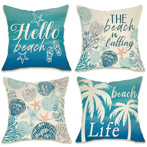 Coastal Beach Throw Pillow Covers 18x18 Set of 4, Nautical Linen Cushion Cases