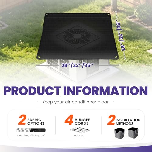 PATIOBREEZE 32x32 Waterproof Outdoor AC Cover with Bungee Cords - Black, 350GSM