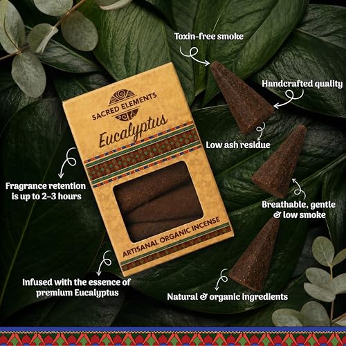 Eucalyptus Organic Incense Cones - Sacred Elements (Pack of 4) | Handcrafted, Low Smoke Aromatherapy for Relaxation