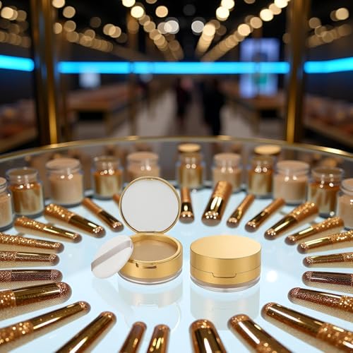 WNHNO Portable Loose Powder Container with Mirror and Puff - Gold