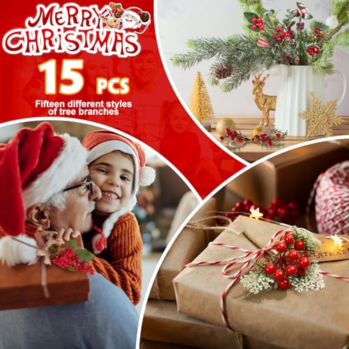 Artificial Christmas Berry Picks Set - 15 Assorted Red Berries Pinecones & Foliage, 5-10 Inches, Holiday Floral Decorations with Variation 5.9in-9in