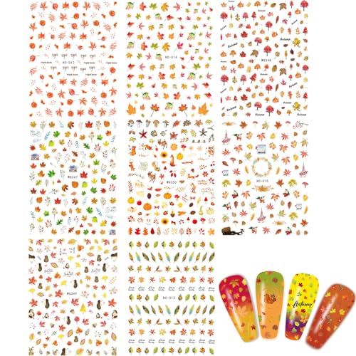 Fall Nail Stickers 3D Self-Adhesive Autumn Maple Leaf Decals 8 Sheets