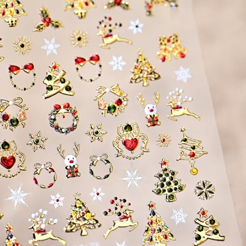 5D Embossed Christmas Nail Stickers Glitter Gold Xmas Tree Decals