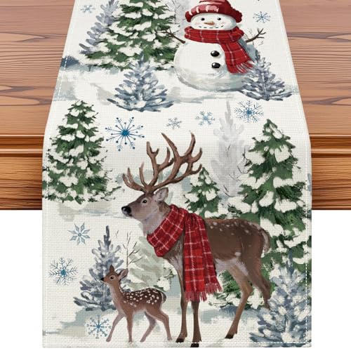 Artscope Reindeer Snowman Christmas Tree Table Runner 13x120 Inch Beige - Holiday Kitchen Decor