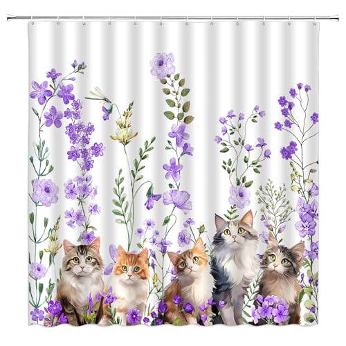 Cute Cat Purple Flower Shower Curtain - 70x70 Inches Floral Design