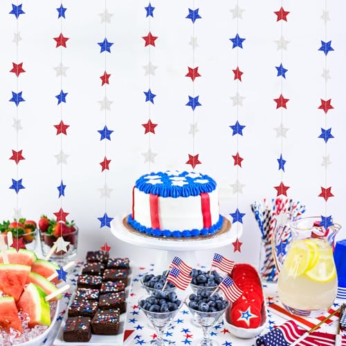 Patriotic Glitter Star Garland - 52 FT Red White Blue Decor for 4th of July