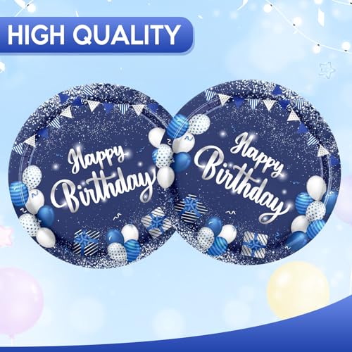 50-Pack 7-Inch Blue and Silver Birthday Paper Plates, Disposable Dessert Plates