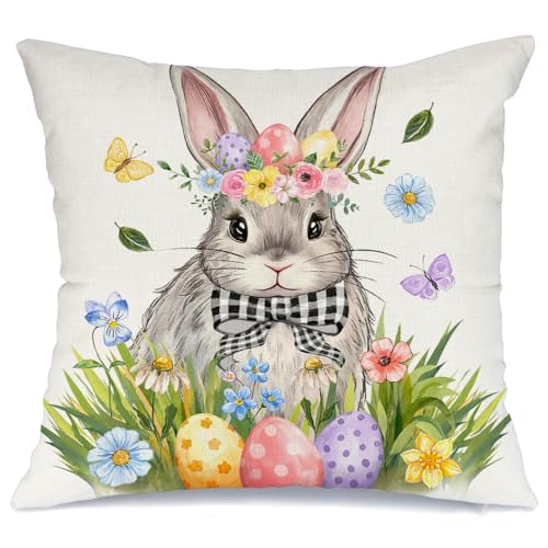 Easter Bunny Floral Pillow Cover 18x18 Inch - Holiday Decor