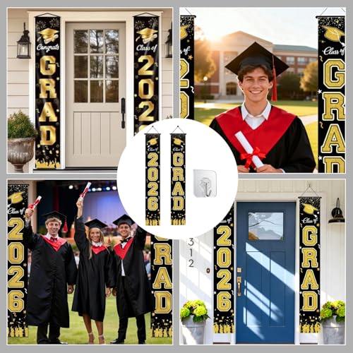 Class of 2026 Graduation Banner - Black and Gold Porch Decoration with Hooks
