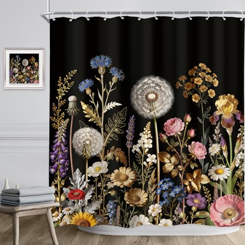 Riyidecor Black and Gold Floral Shower Curtain, 72" x 72" Boho Bathroom Set