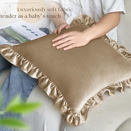KKJIAF Taupe Velvet Throw Pillow Covers Set of 2 - 18x18 Inch Ruffle Edge Shams