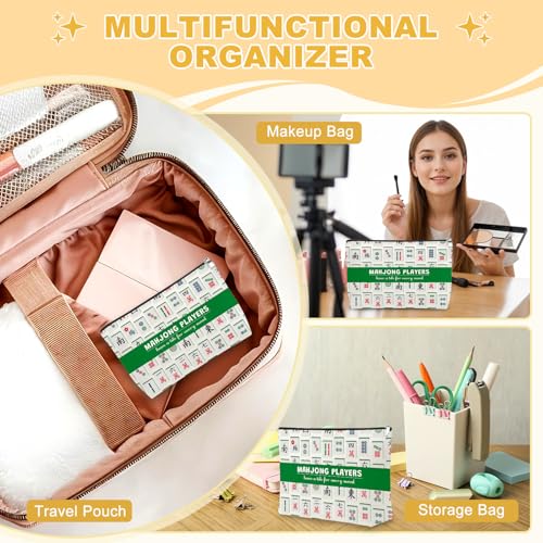 Mahjong Makeup Bag - Cotton Linen Cosmetic Pouch Gift for Players