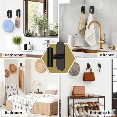 IMUMU Adhesive Towel Hooks, Heavy Duty Stainless Steel Wall Hanger - Black, 2pk