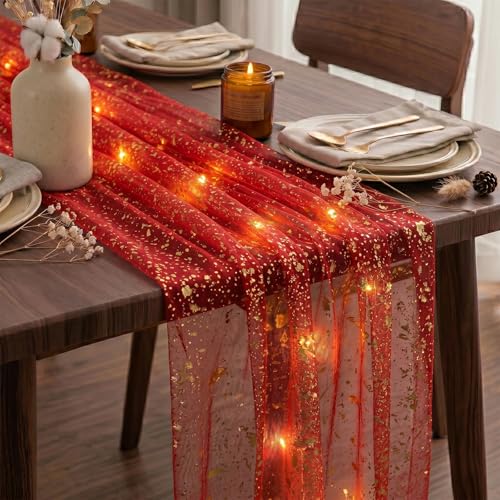 Artscope Lighted Red Gauze Table Runner - 28 x 120 Inches for Weddings & Holidays
