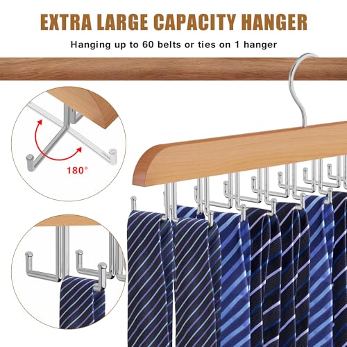 Wooden Tie and Belt Rack - 20 Folding Hook Organizer for Closet