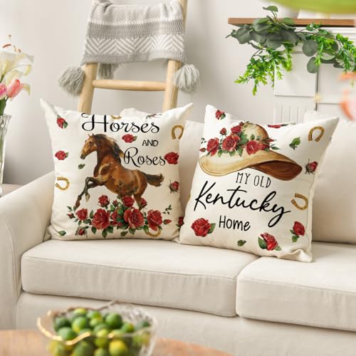 Kentucky Horse Race Throw Pillow Covers 18x18, Set of 4, Indoor Outdoor