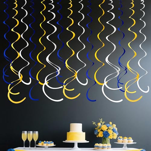 36 Pcs Felt Hanging Swirl Decorations - Royal Blue, Yellow & White Streamers