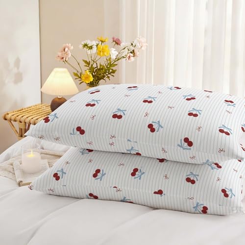 Nayoroom Queen Duvet Cover Set - Blue Striped Cherry Bow Bedding