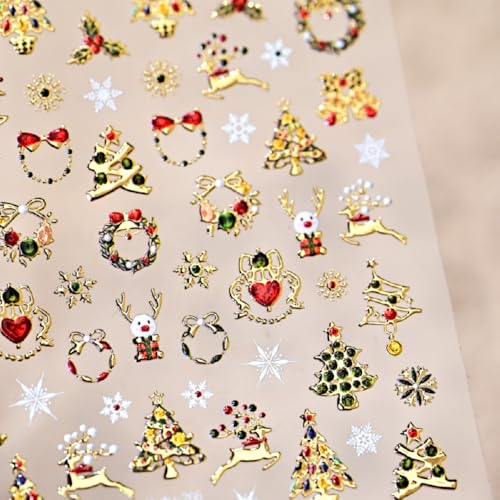 5D Embossed Christmas Nail Stickers Gold Decals Self-Adhesive Winter Xmas