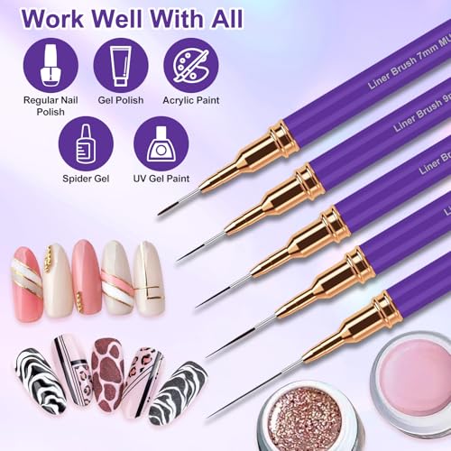 MUIIGOOD 5-Piece Nail Art Liner Brush Set for Fine Lines and UV Gel Painting