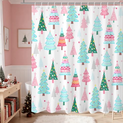 Pastel Christmas Tree Shower Curtain Pink Teal 72x72 Inch - Pack of 1