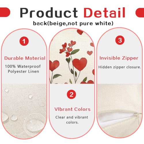 RABUSOFA Valentines Pillow Cover 12x20 Inch Waterproof Red Love Heart Floral Lumbar Throw Pillowcase for Indoor Outdoor Decor - Pack of 1