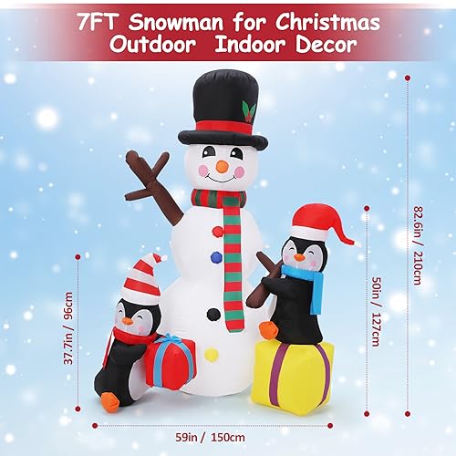 7ft Inflatable Christmas Yard Decor Snowman Penguin with Rotating LED Lights - Smiling Snowman Variant