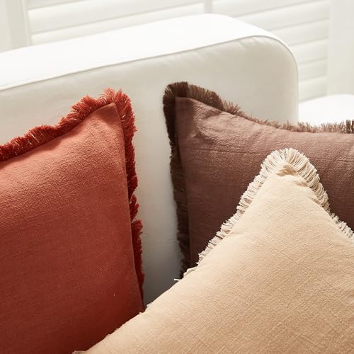 Set of 2 Boho Linen Fringe Pillow Covers 18x18 Inch - Khaki
