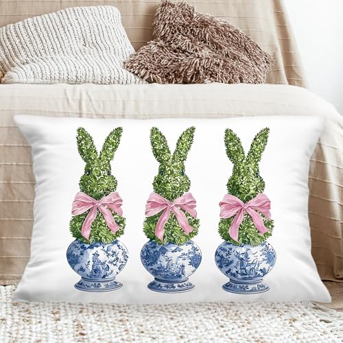 Pink Easter Bunny Pillow Cover 12x20 - Blue Chinoiserie Decor for Living Room & Bedroom