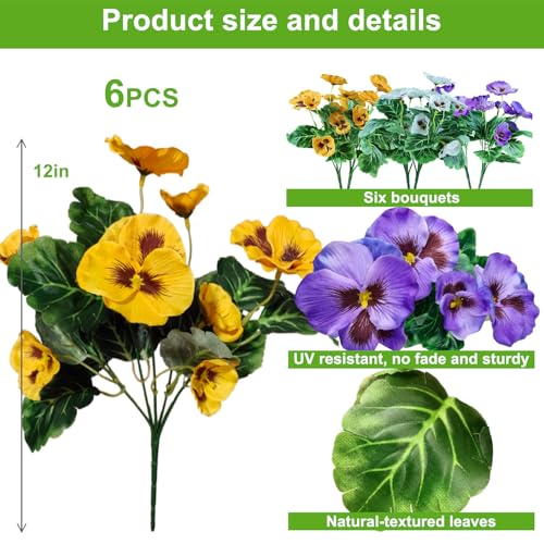 Artificial Pansy Flowers - UV Resistant Silk Faux Bouquets (6 Bundles)