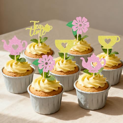 12PCS Elegant Tea Party Cupcake Toppers Set - Glitter Teapot & Teacup