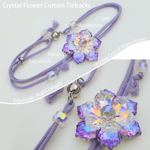 Magnetic Crystal Flower Curtain Tiebacks - Purple Adjustable 2-Pack