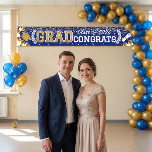 Blue Gold Graduation Banner 2026 - Large Party Decoration