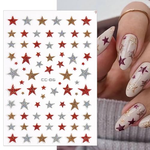 3D Glitter Star Nail Stickers - 6 Sheets Shiny Red Gold Silver Decals