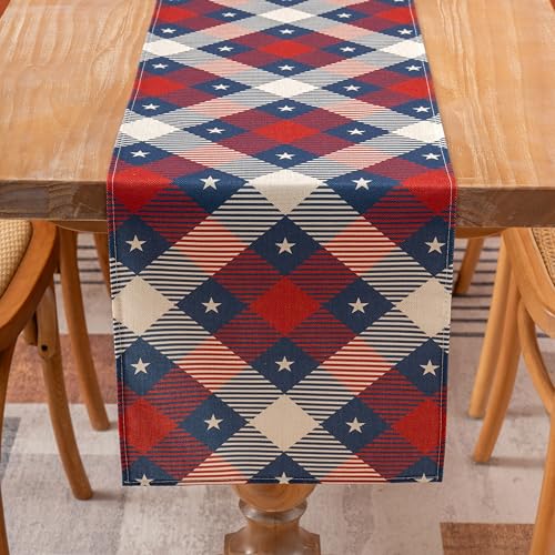 Patriotic 4th of July Table Runner 13x60 - Red Blue Buffalo Plaid
