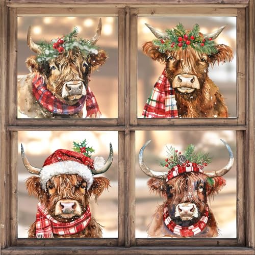 Christmas Window Clings Highland Cow Watercolor Holiday Decor Set - Reusable