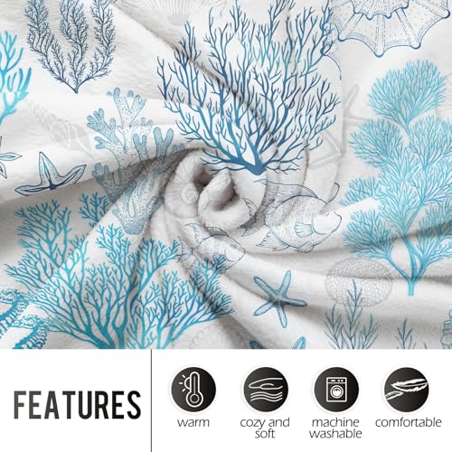 Levens Nautical Coral Starfish Throw Blanket, Soft Flannel 50"x60"
